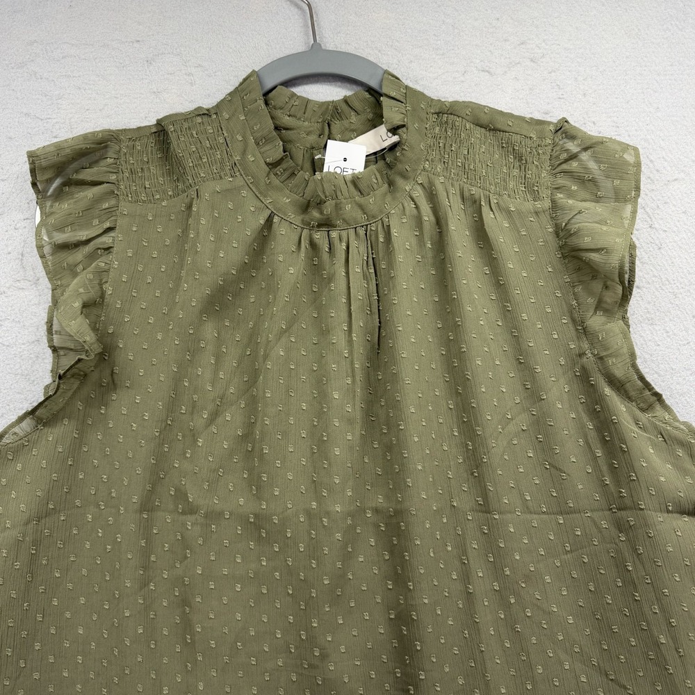 LOFT Olive Green Sleeveless Swiss Dot Ruffle Neck Blouse